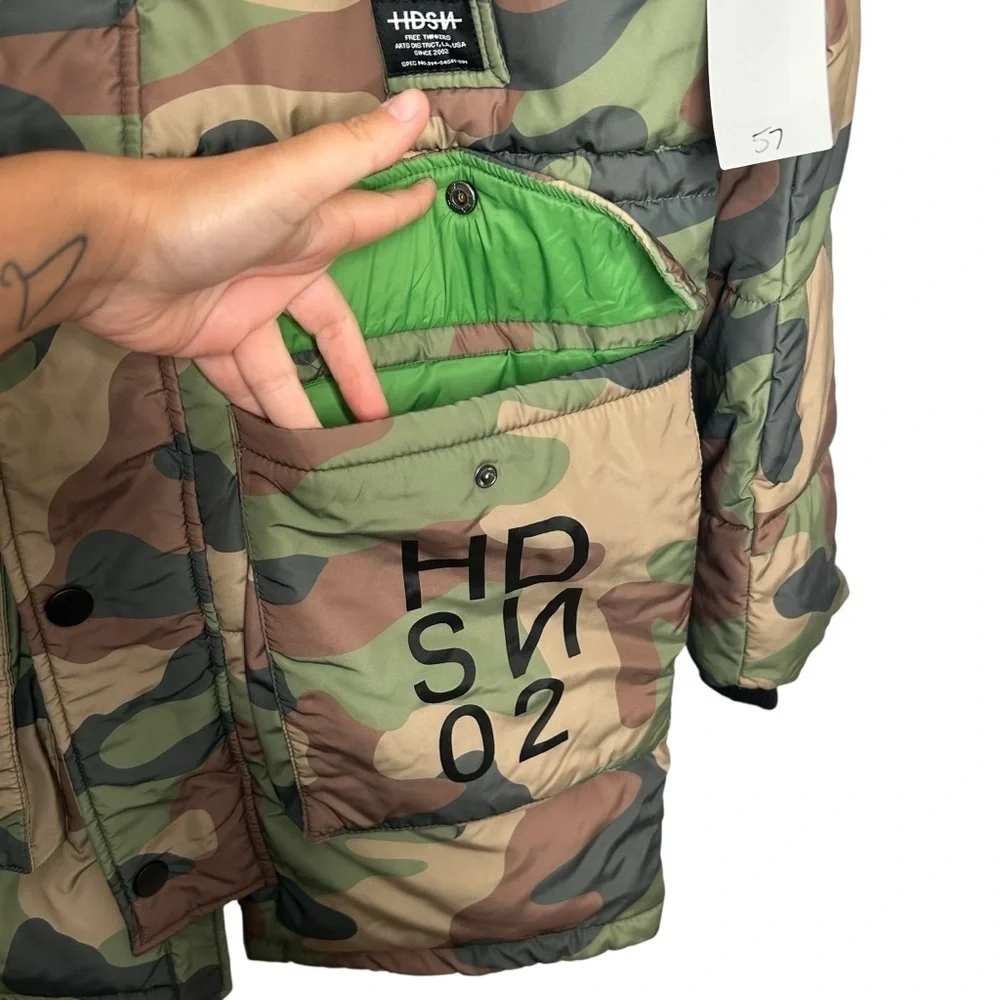HUDSON JEANS Camo Quilted & Hooded Parka Puffer Men’s Winter Coat Size Small